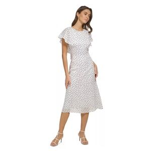 DKNY White & Navy Polka Dot‎ Flutter Sleeve Midi Dress Size 2 NWT